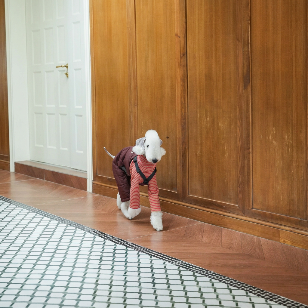 White dog walking beside a wooden wall in burgundy Red Winter Workwear overalls over a separate red-striped top.