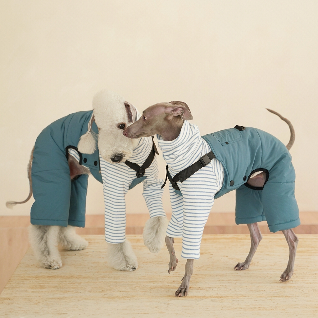 Two dogs standing together in Blue Winter Workwear overalls over separate striped tops, showing side fit and black straps.