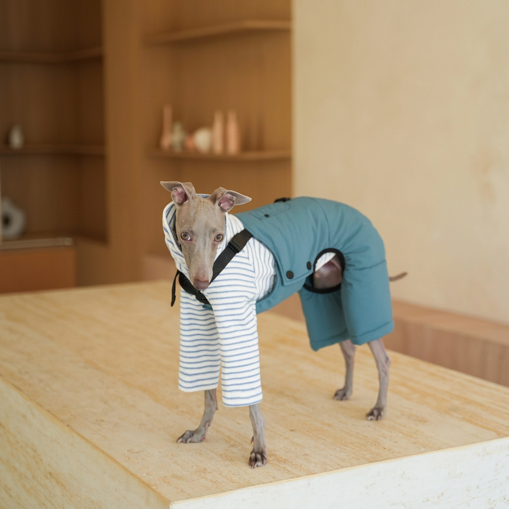 Grey dog standing in Blue Winter Workwear overalls, showing side snaps, body fit and rear-leg coverage; grey-striped top is separate.