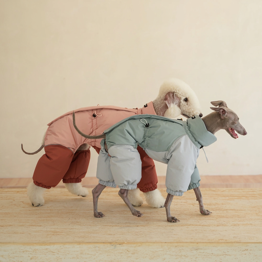 Side views of two dogs wearing Autumn Breeze suits, one in pink and rust red and one in sage and pale grey, showing four-leg coverage.