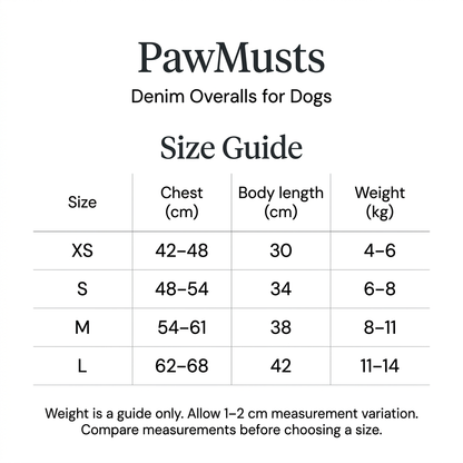 PawMusts Denim Overalls size chart XS–L showing chest ranges and body length in centimetres and suggested weight in kilograms.