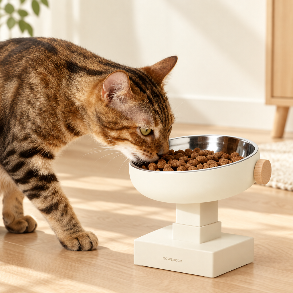 Tabby cat eating from adjustable pet feeder