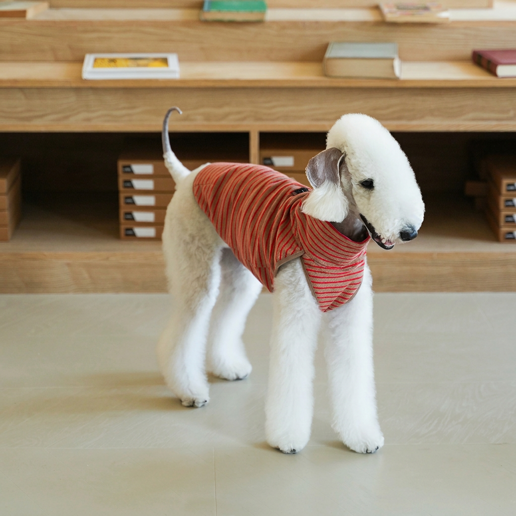 White dog standing in a brown Autumn Stripes fleece vest with red horizontal stripes, high collar and sleeveless fit beside wooden bookshelves.