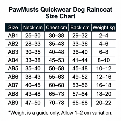 PawMusts Quickwear size chart AB1–AB9, showing neck, chest and back ranges in centimetres and suggested weight in kilograms.