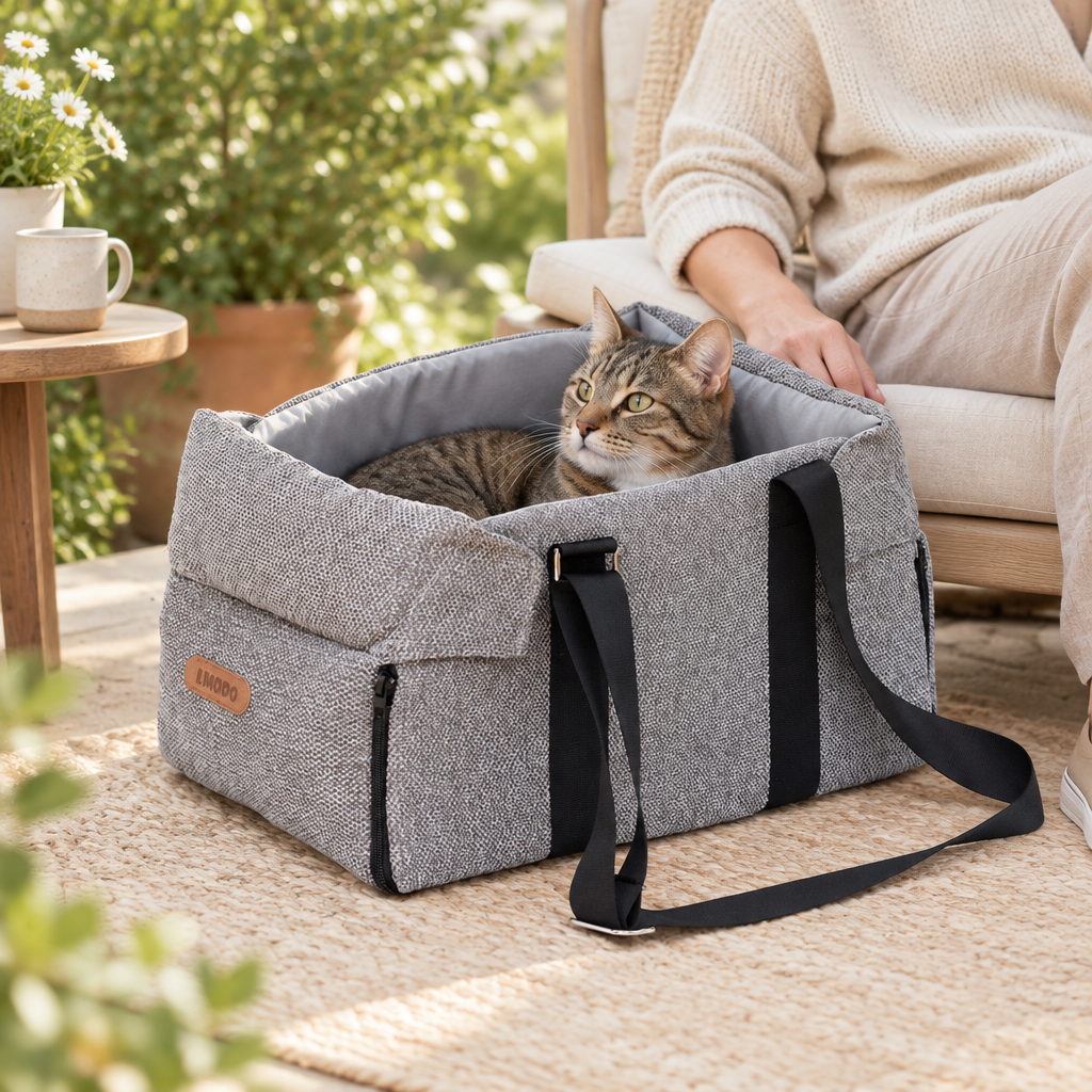 Cat relaxing in a grey pet carrier bed on a patio