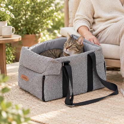 Cat relaxing in a grey pet carrier bed on a patio