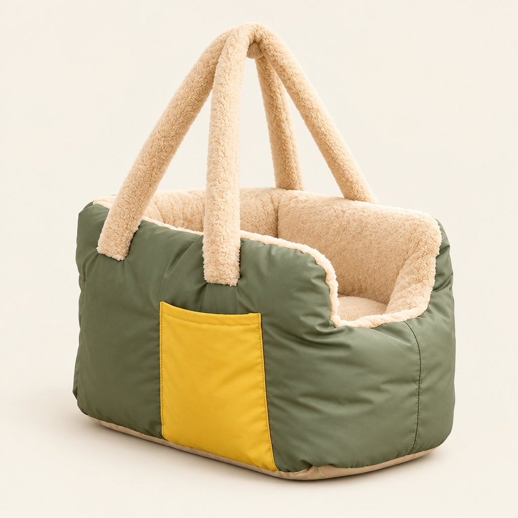 Army green pet bed carrier on an off-white background