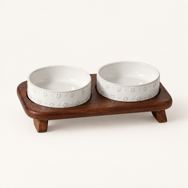 Embossed Ceramic Cat Bowl – Snowflake Bowl or Dish, Single or Pair on an Acacia Wood Stand