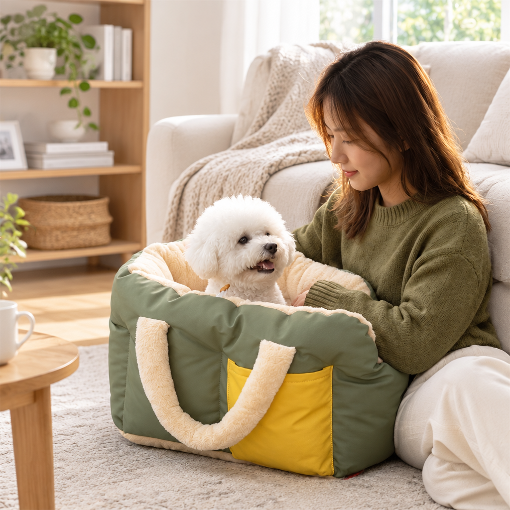 Small dog relaxing in an army green pet bed carrier at home