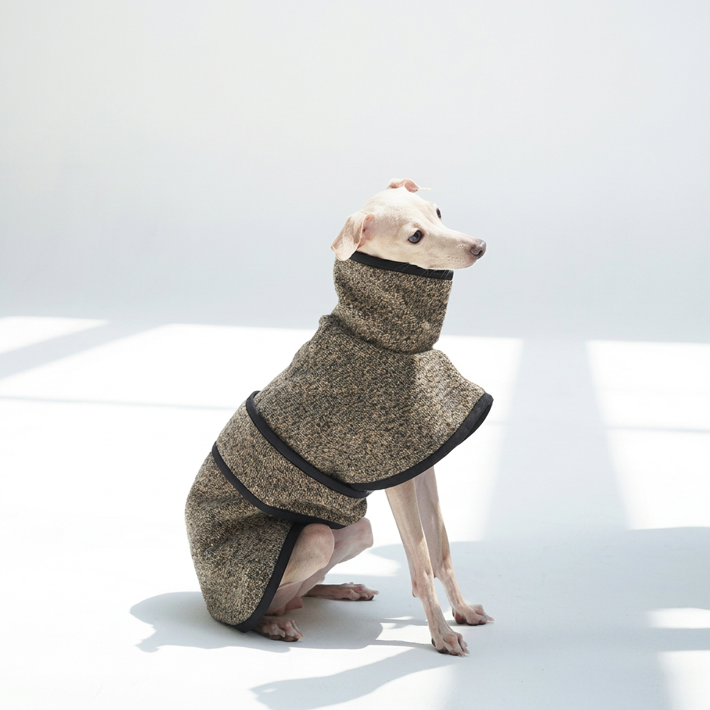 Seated white dog wearing the Beige Metropolitan coat, showing its high collar, brown-taupe textured fabric and black trim.