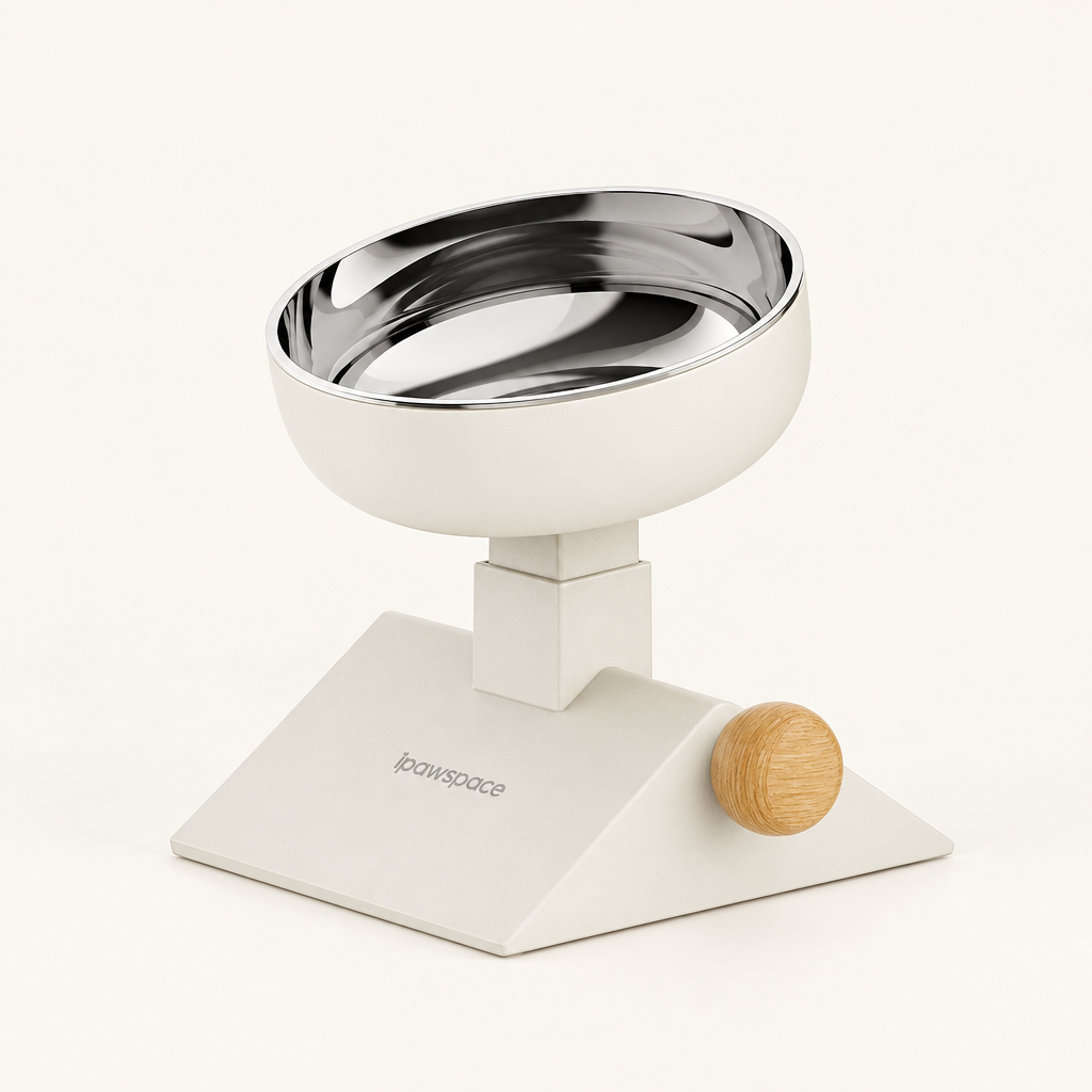 Cream adjustable pet feeder with wooden adjustment knob