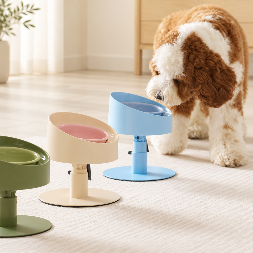 Dog beside colourful adjustable pedestal pet bowls