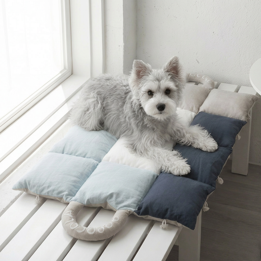 Small grey and white dog resting on a colour-block quilted travel mat with padded handles on a white slatted bench.