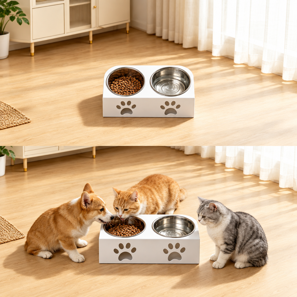 Cats using a white raised double pet bowl stand