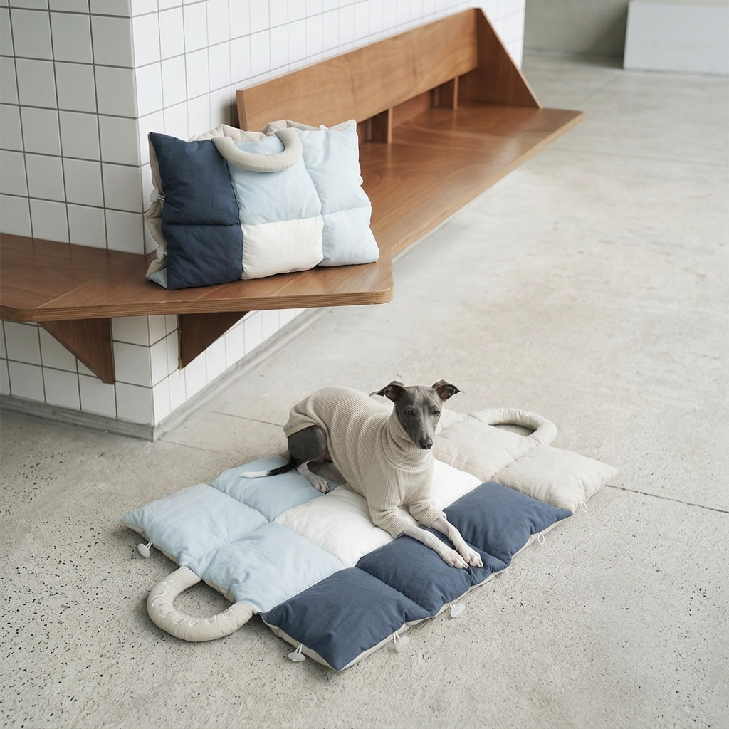 Grey dog in a cream jumper resting on a blue, white, navy and grey quilted travel mat, with the mat folded into a bag on the bench behind.
