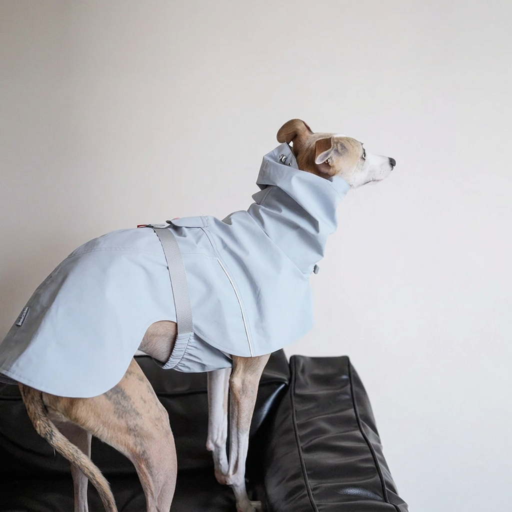 Side view of a dog standing on a black sofa wearing the pale Blue Quickwear raincoat, showing extended collar, body strap and rear coverage.