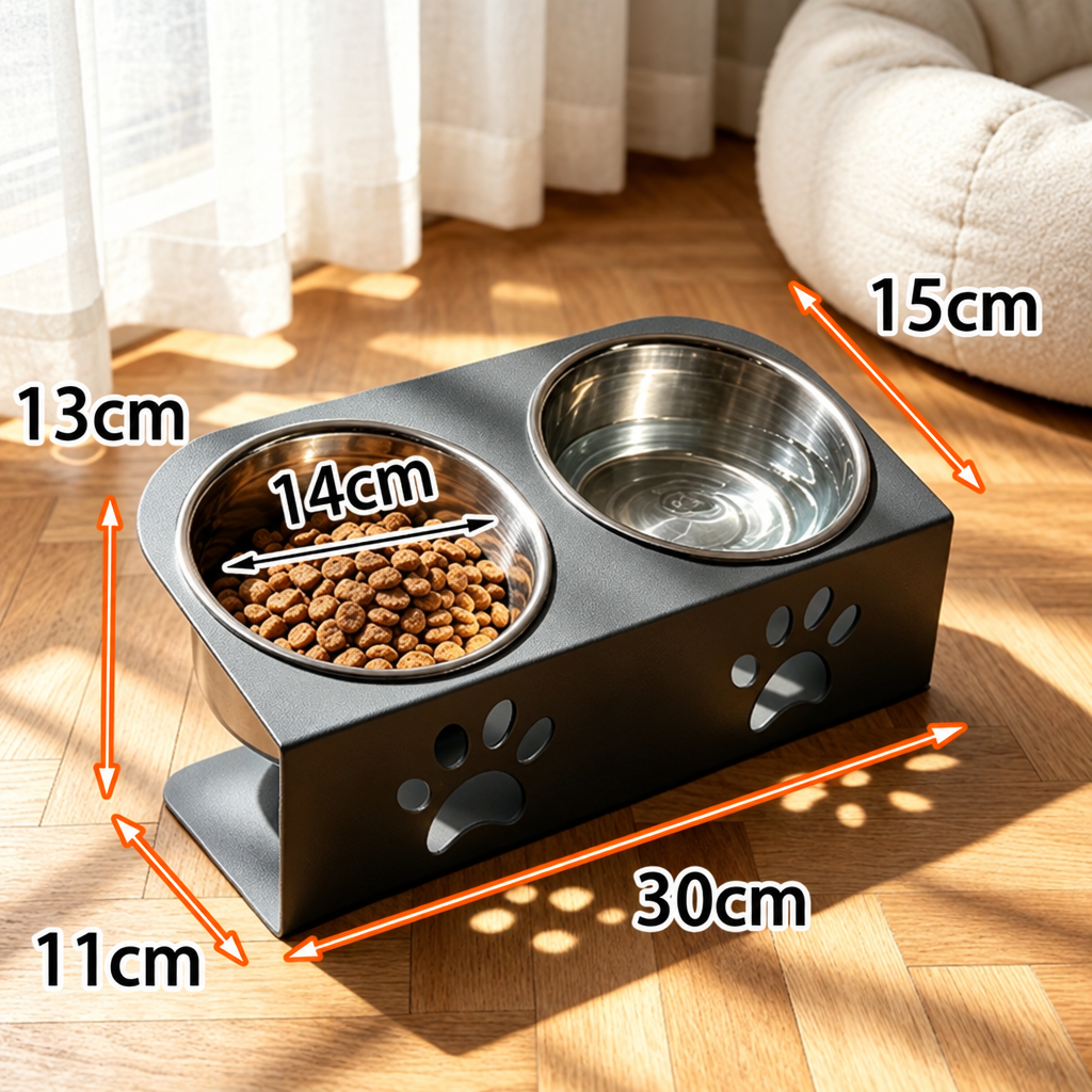 Black raised double pet bowl stand with measurement labels