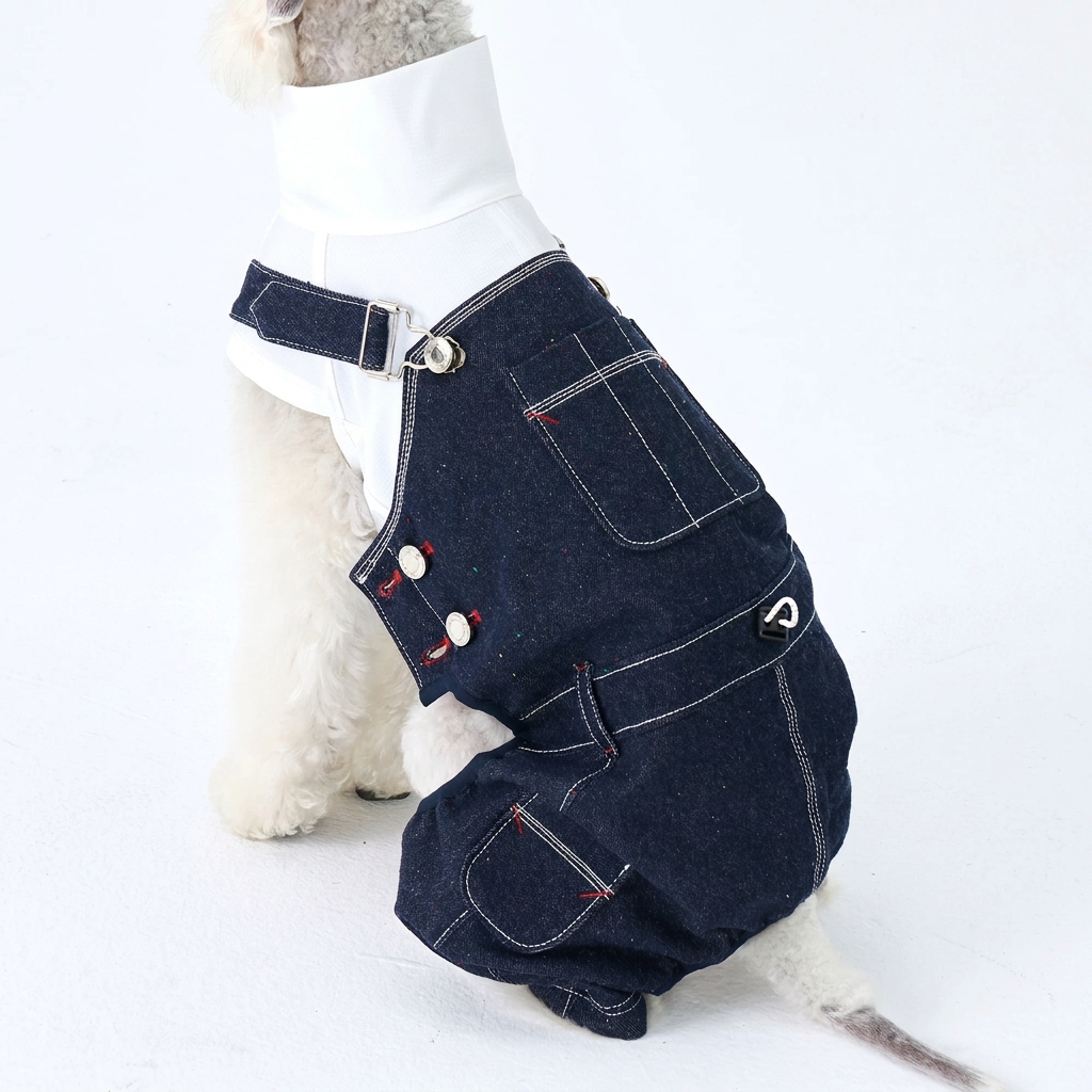 Rear detail of dog denim overalls showing back pocket, side buttons, strap buckle, contrasting stitching and sewn logo patch; white top is separate.