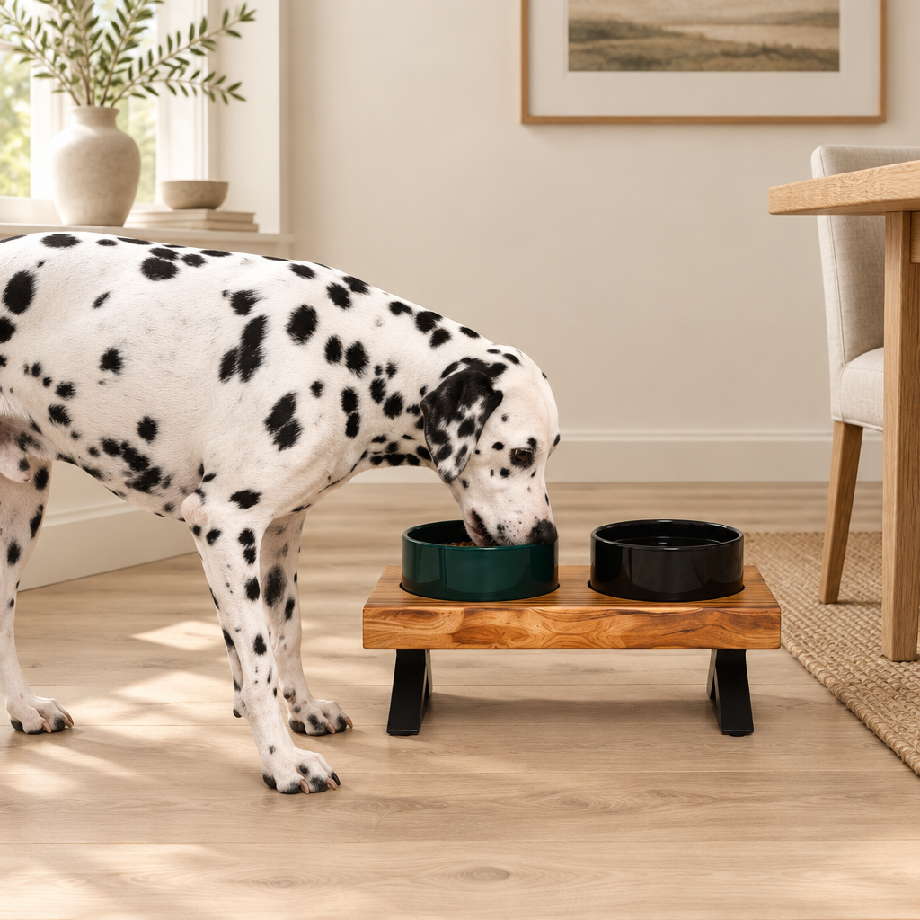 Dalmatian eating from ceramic bowls