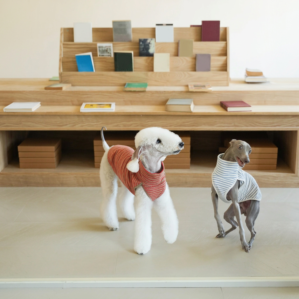 White and grey dogs standing before wooden bookshelves in brown and pale striped Autumn Stripes sleeveless vests.