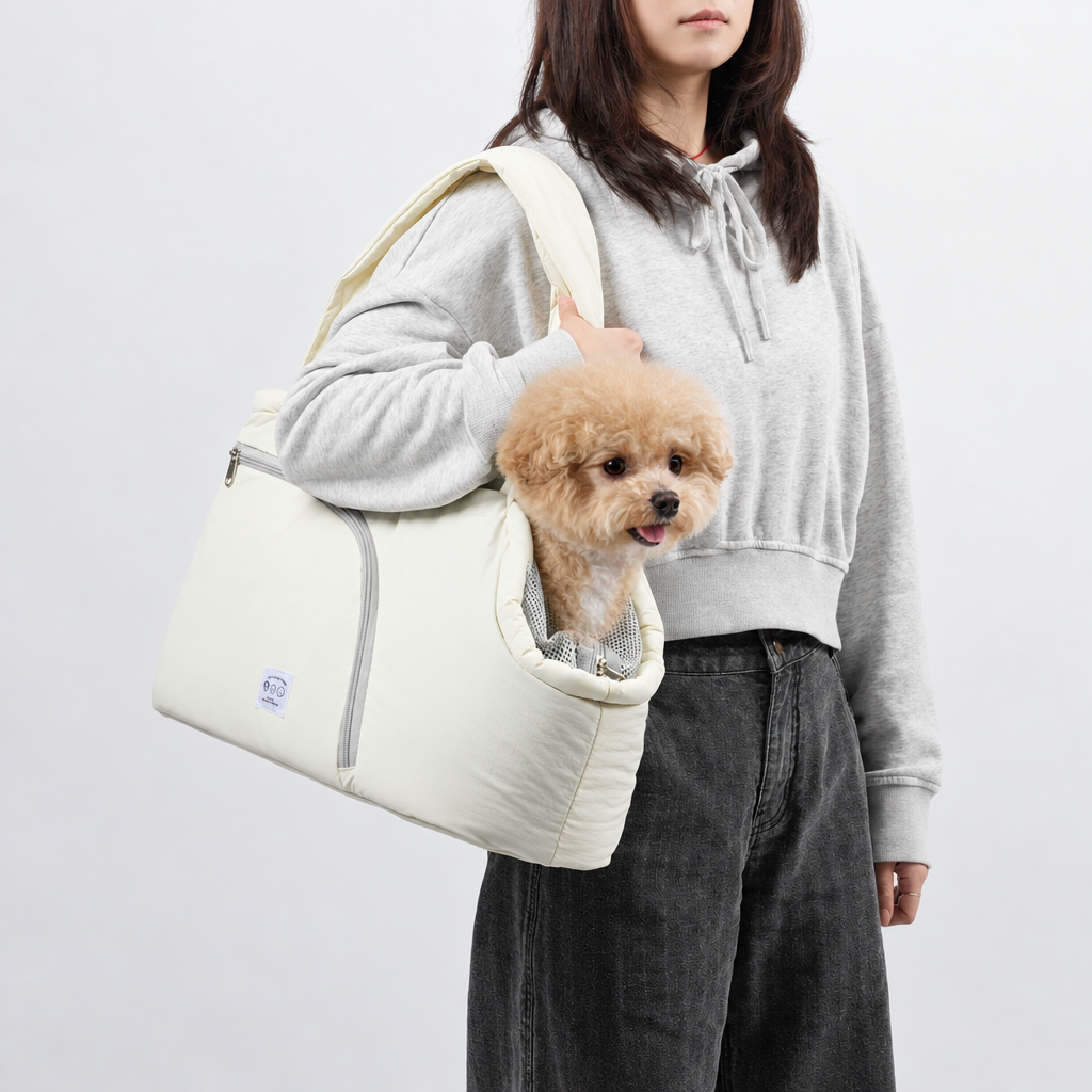 Warm Pet Carrier Shoulder Bag with Head-Out Opening – Large Dog and Cat Bag for Small Pets, Off-White