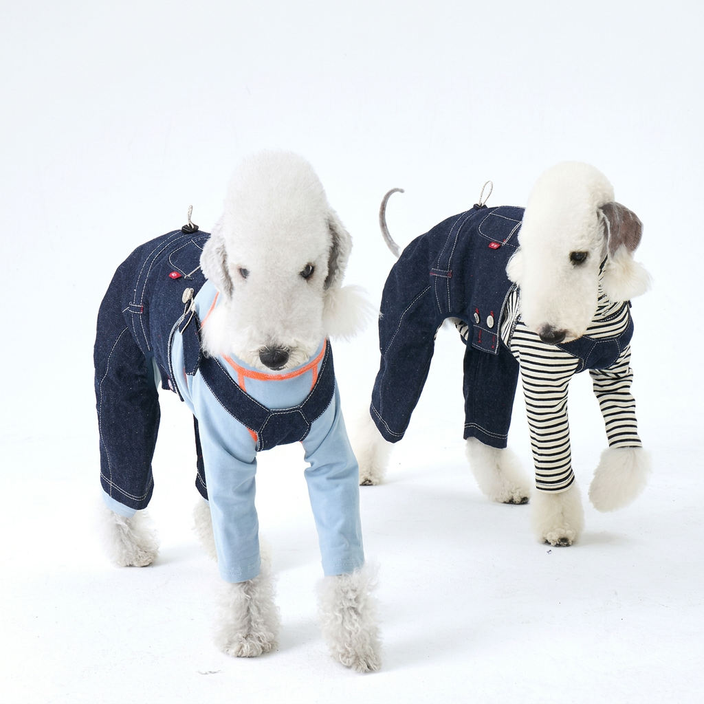Two dogs standing in dark indigo denim overalls over separate pale blue and black-and-white striped tops, showing front straps and side buttons.
