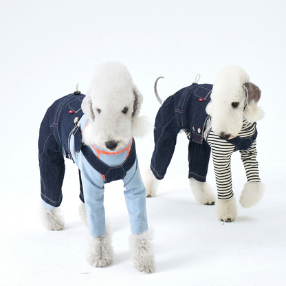 Two dogs standing in dark indigo denim overalls over separate pale blue and black-and-white striped tops, showing front straps and side buttons.