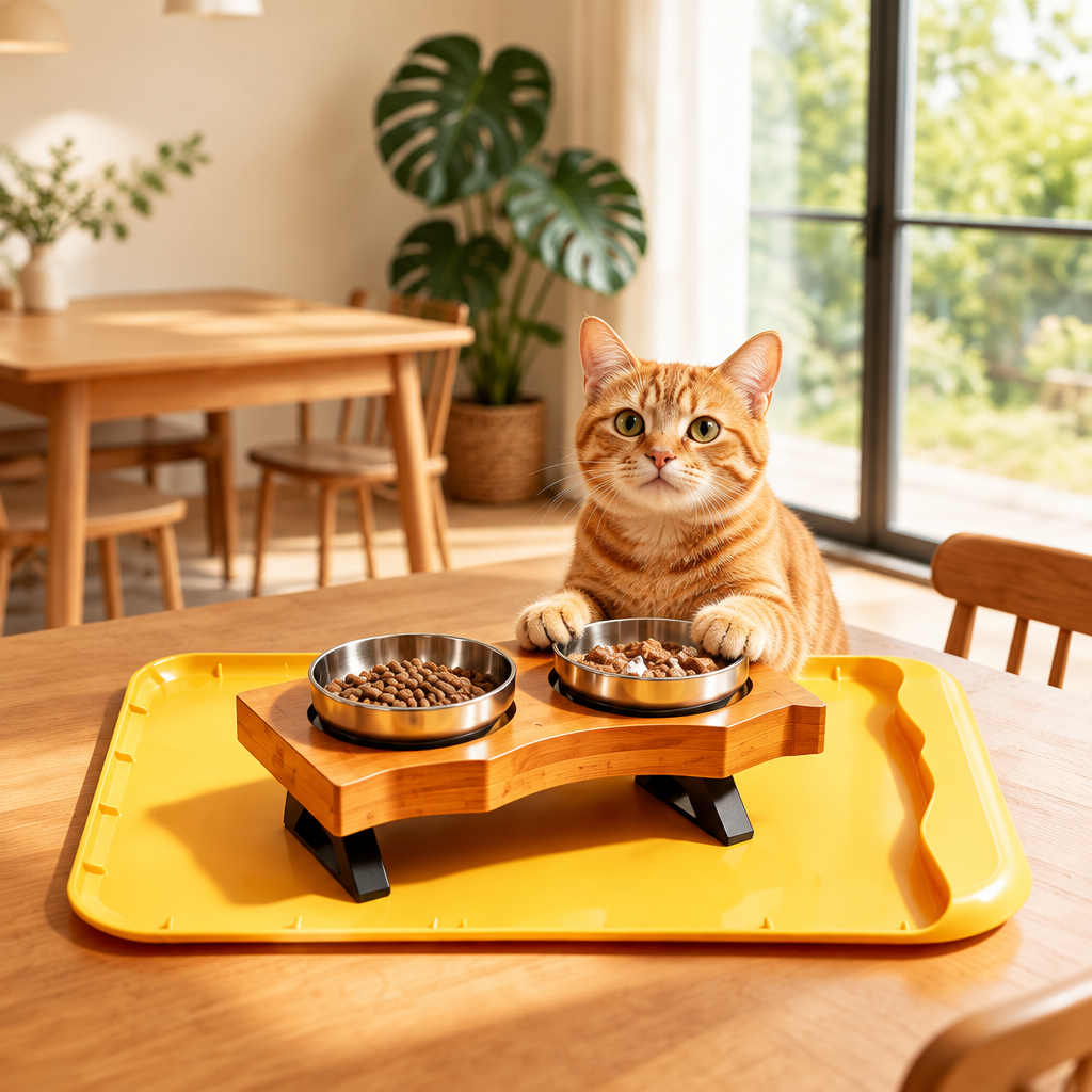 Cat with feeder and tray