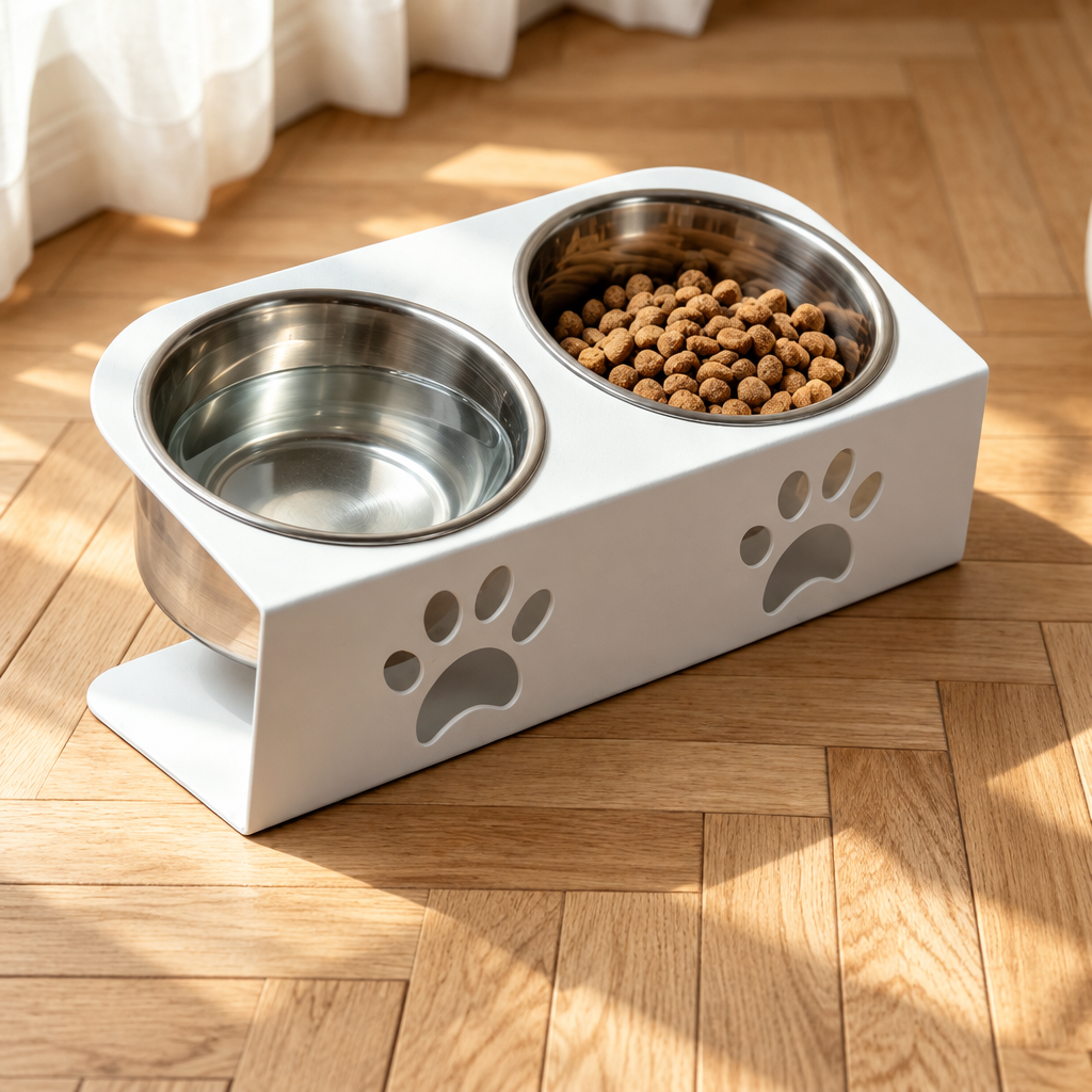White raised double pet bowl stand with stainless steel bowls