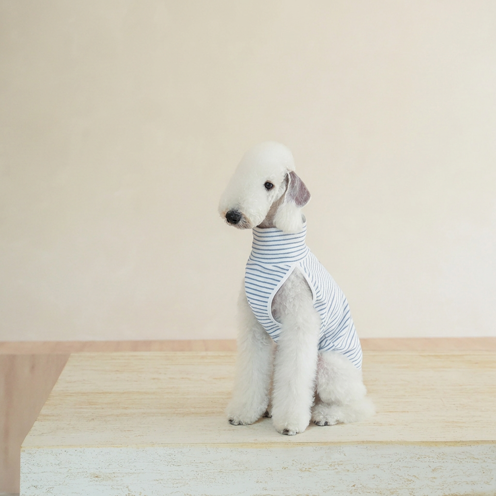 White dog seated on a pale stone platform wearing the pale striped Autumn Stripes sleeveless vest with high collar.