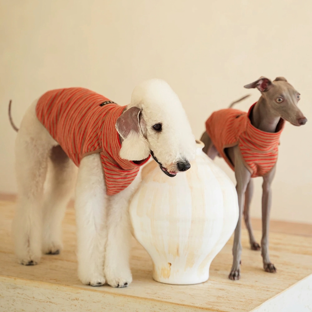 White and grey dogs wearing matching chestnut brown Autumn Stripes fleece vests with red stripes beside a white sculpture, showing high collars and sleeveless fit.