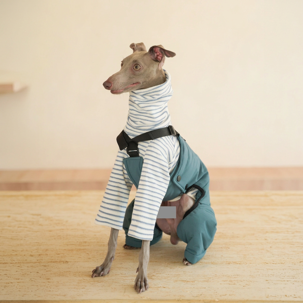 Seated grey dog wearing Blue Winter Workwear overalls with black straps and rear-leg coverage, styled over a separate grey-striped top.