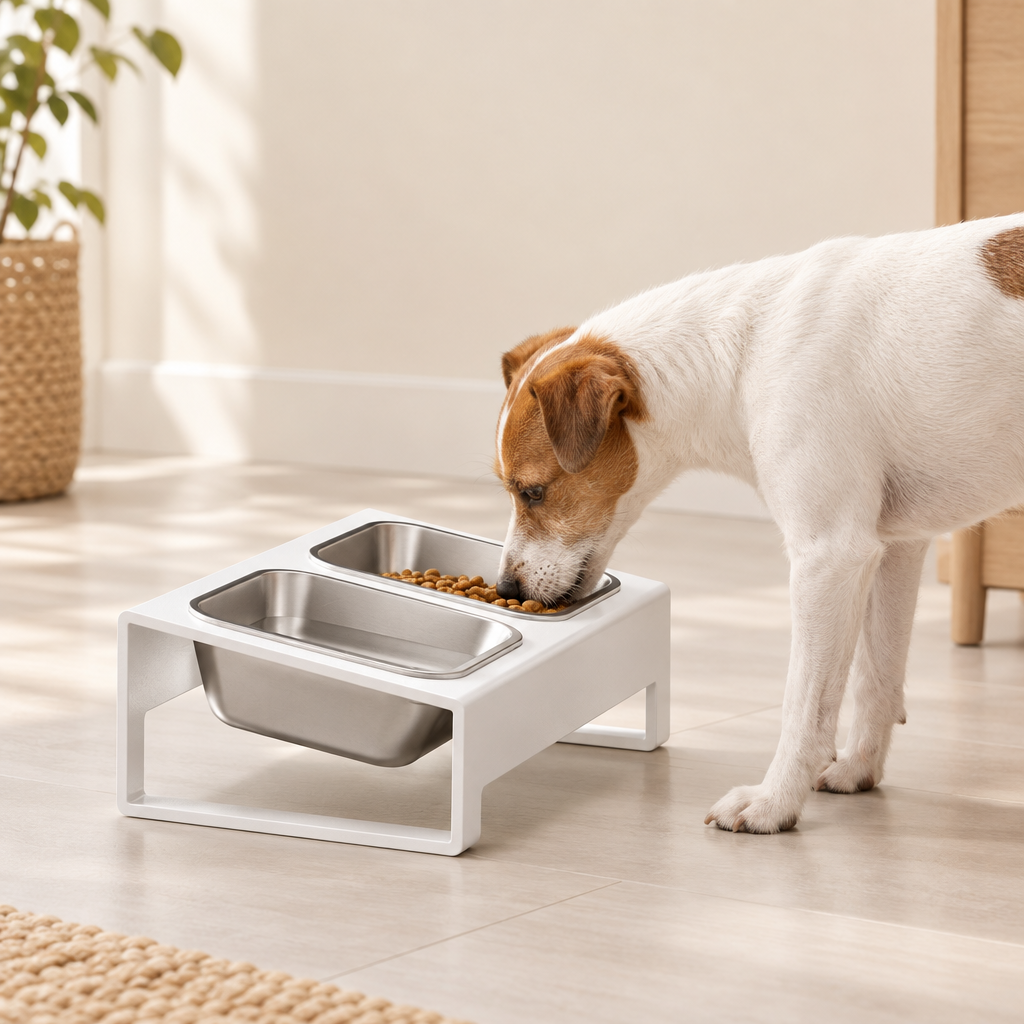 Dog eating from a white raised double feeder in a neutral home