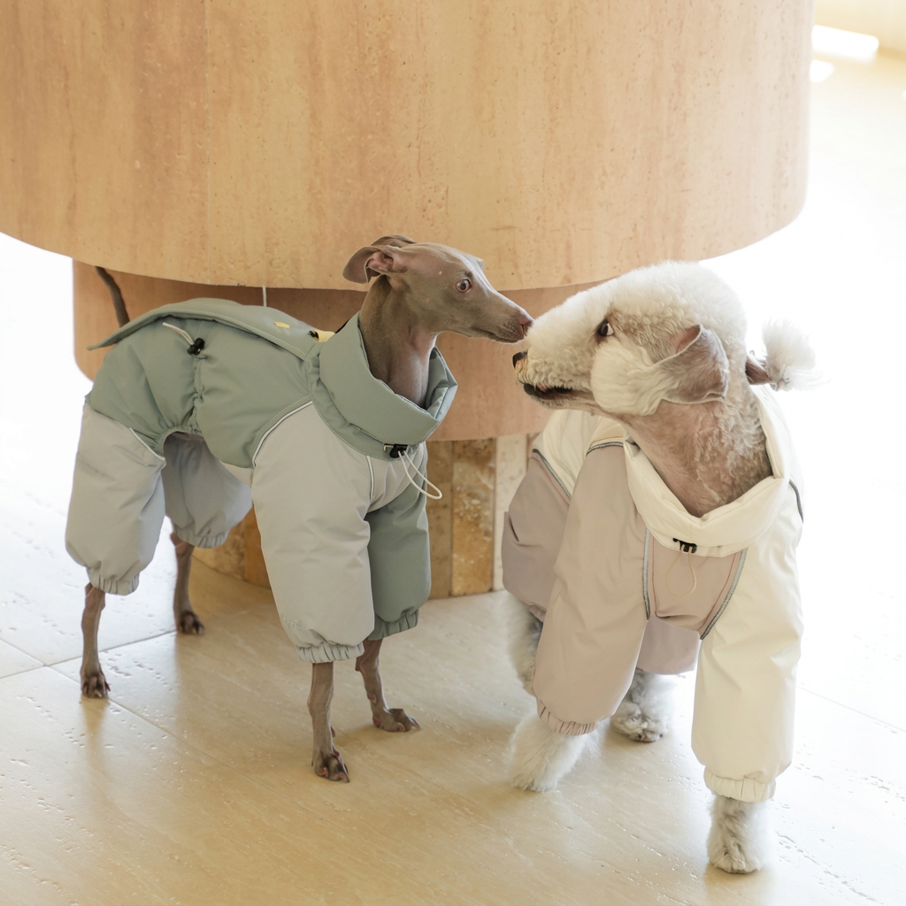 Two dogs wearing Autumn Breeze four-leg outdoor suits in sage and pale grey, and ivory with pale grey-lilac panels.