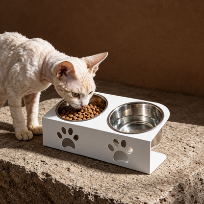 Cat eating from a white raised double pet bowl stand