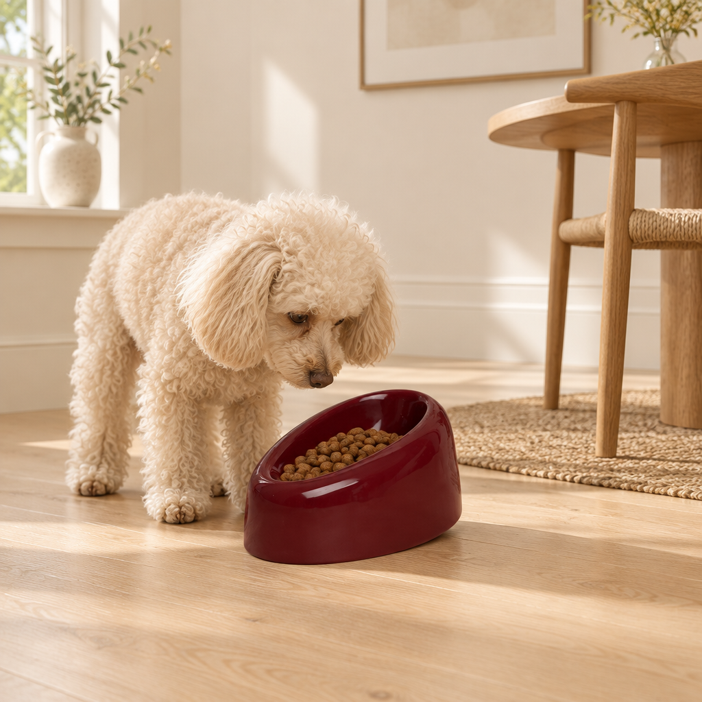 Poodle beside burgundy bowl