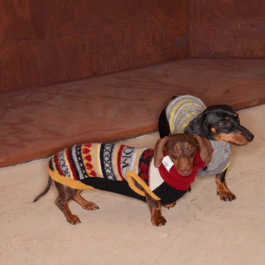 Two dachshunds in Red and Yellow Love You, Mum knitted jumpers by a wooden bench, with hearts and MOM lettering visible on the red jumper.