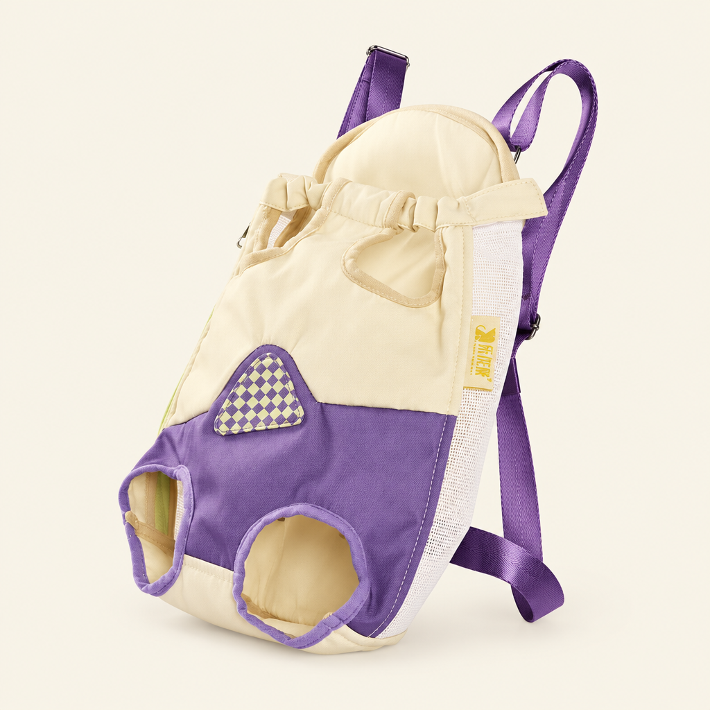 Cream and purple legs-out pet carrier on a blanc cassé background