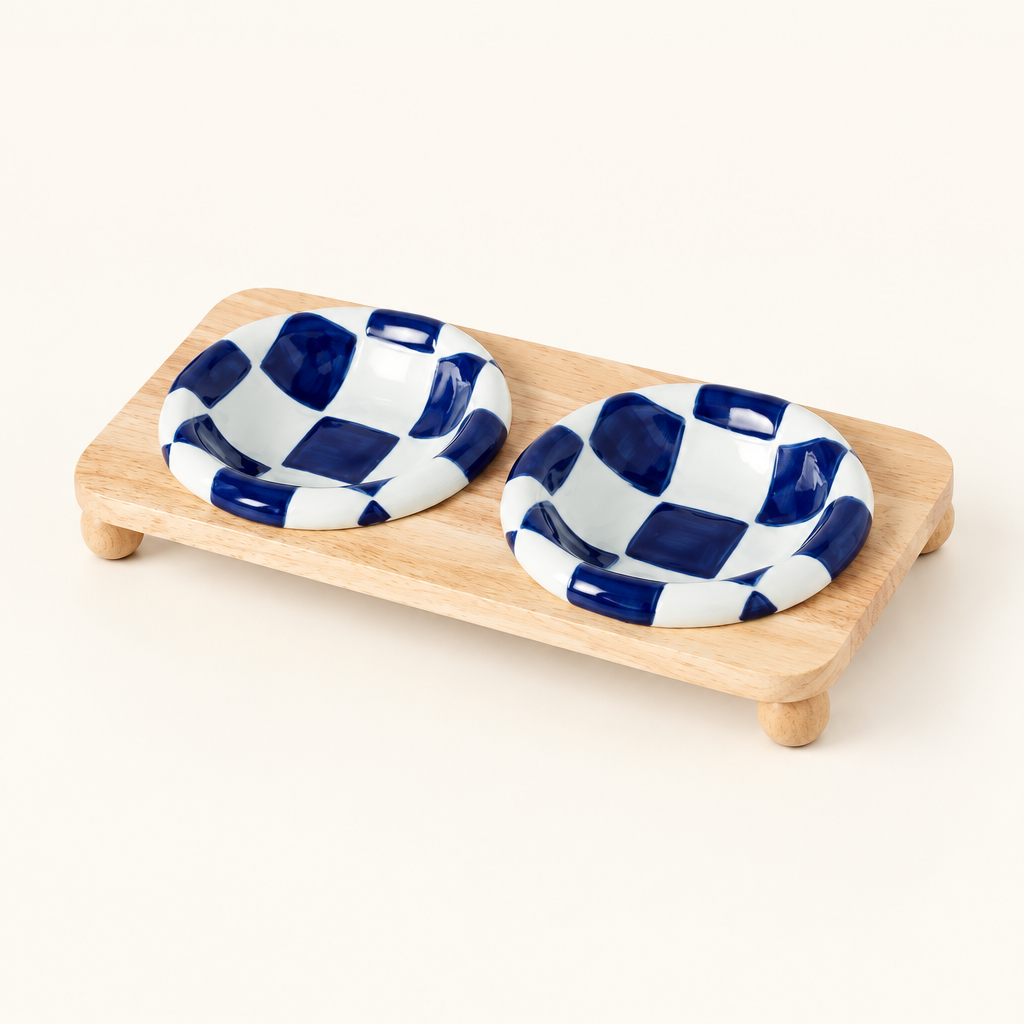 Blue checkerboard pair on low stand