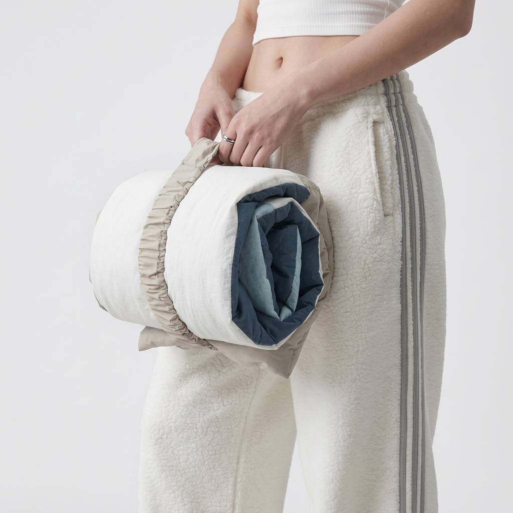 Person holding the rolled blue, white and navy quilted travel mat secured with a grey gathered band.