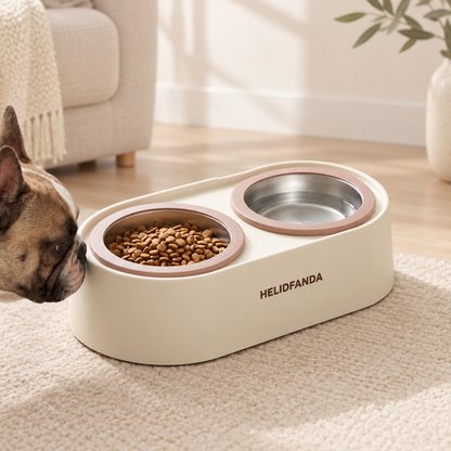 Dog beside cream food and water feeder