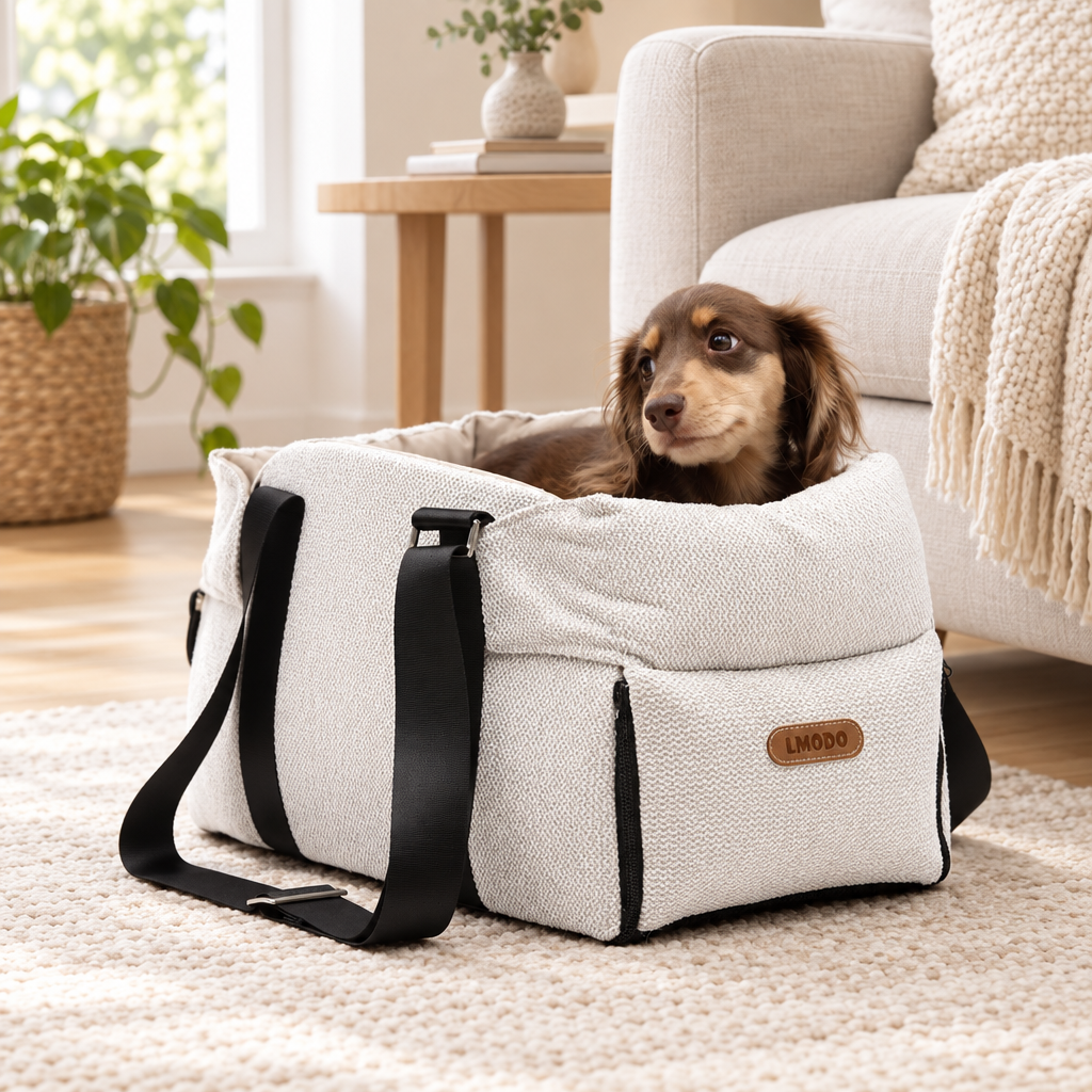 Dog relaxing in a cream pet carrier bed at home