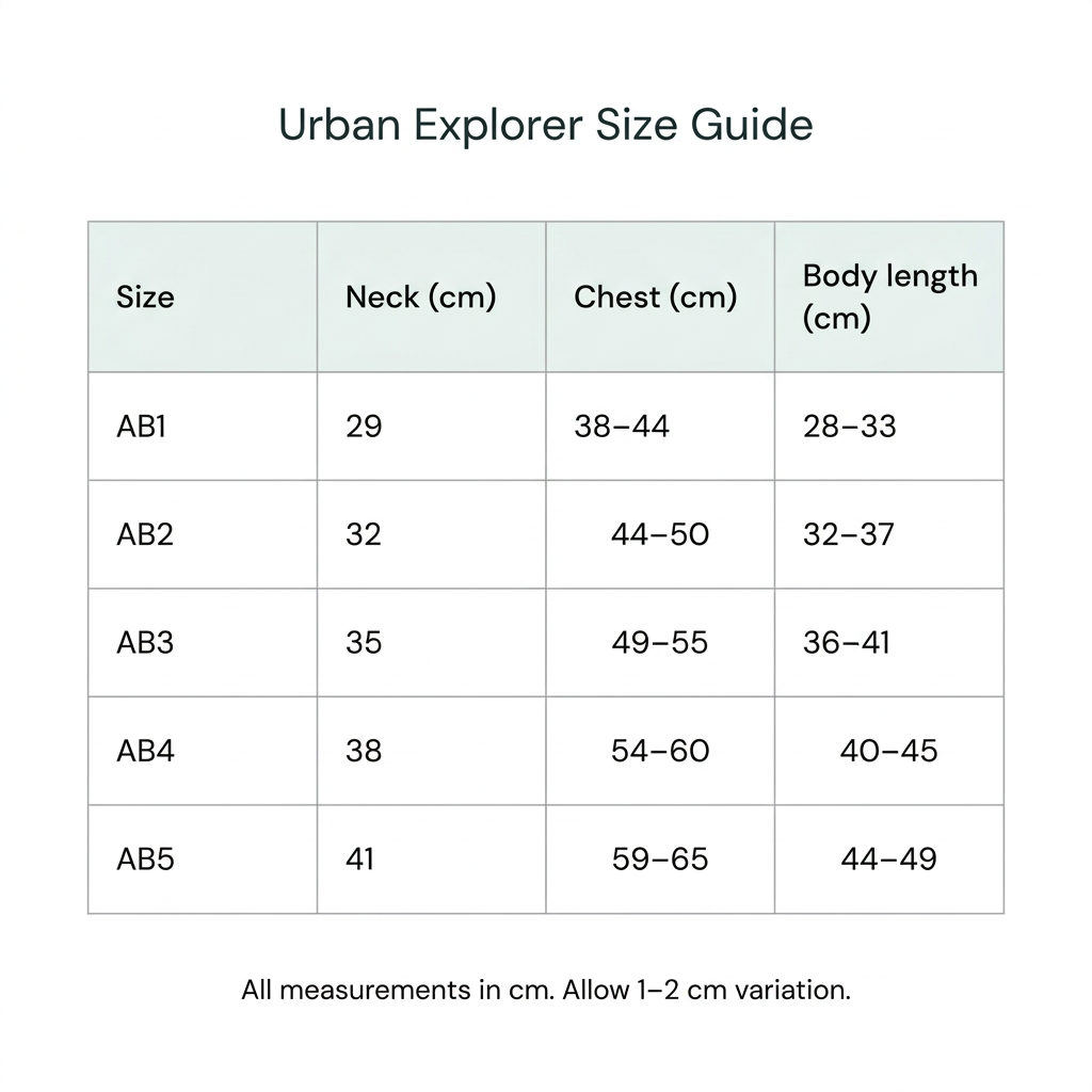 Urban Explorer AB1–AB5 size chart in a simple grid with neck, chest and body length in cm. Allow 1–2 cm variation. Full measurements are in the text size guide.