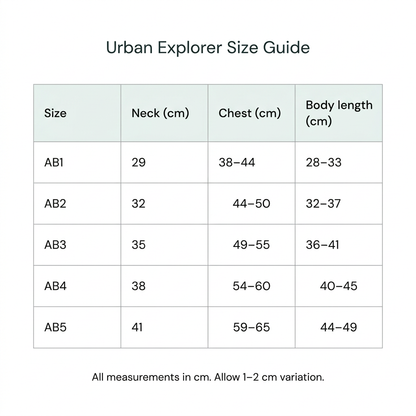 Urban Explorer AB1–AB5 size chart in a simple grid with neck, chest and body length in cm. Allow 1–2 cm variation. Full measurements are in the text size guide.