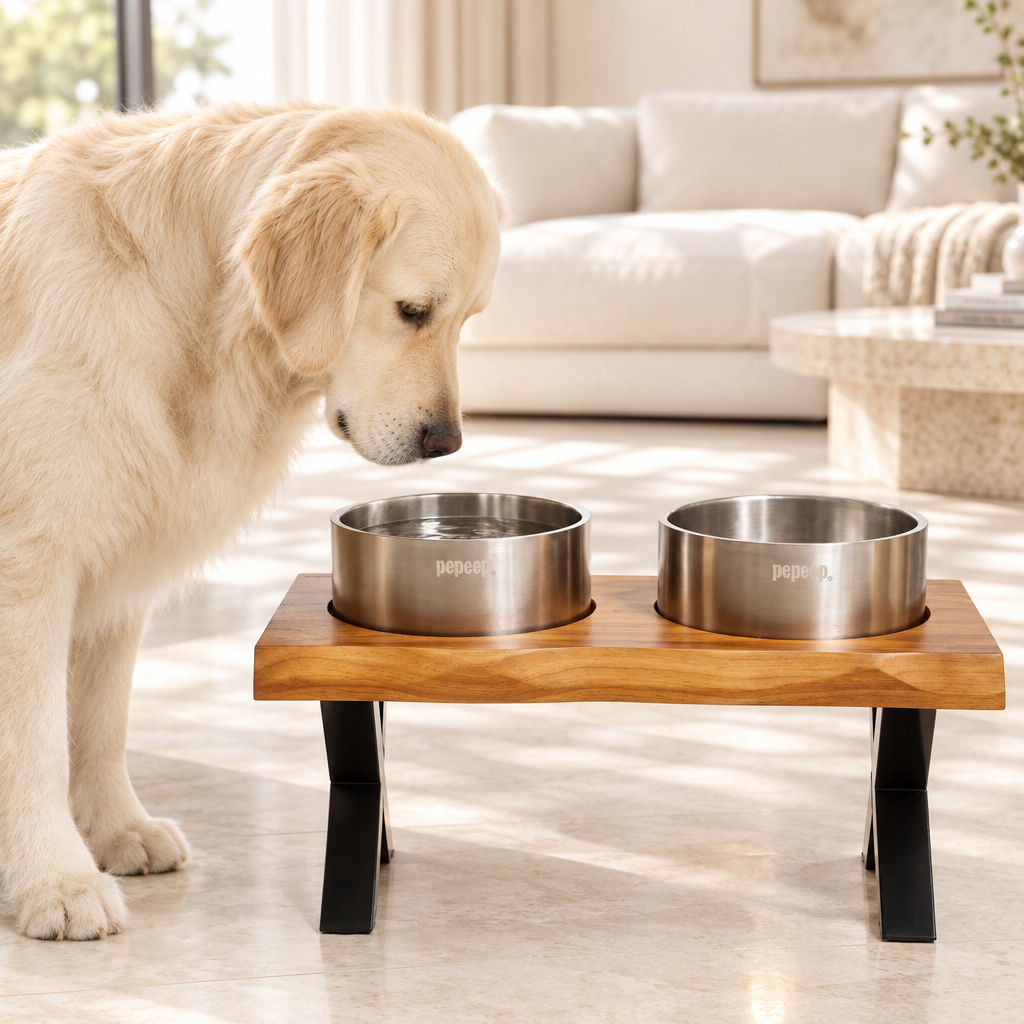 Retriever beside feeder