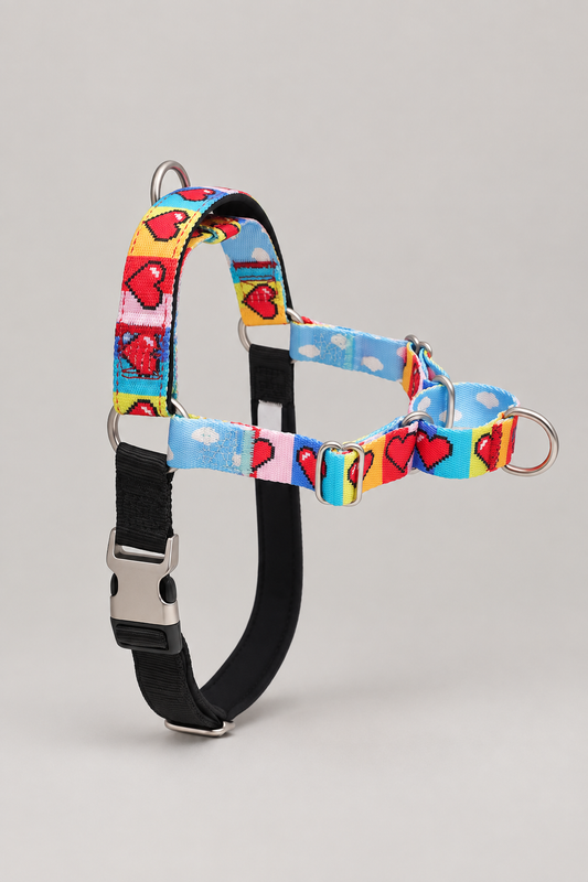 Printed nylon dog harness in Pixel Hearts