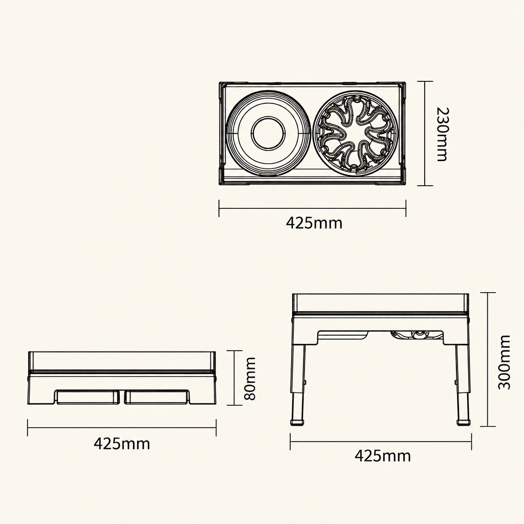Technical drawings showing feeder dimensions
