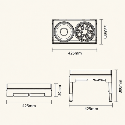 Technical drawings showing feeder dimensions