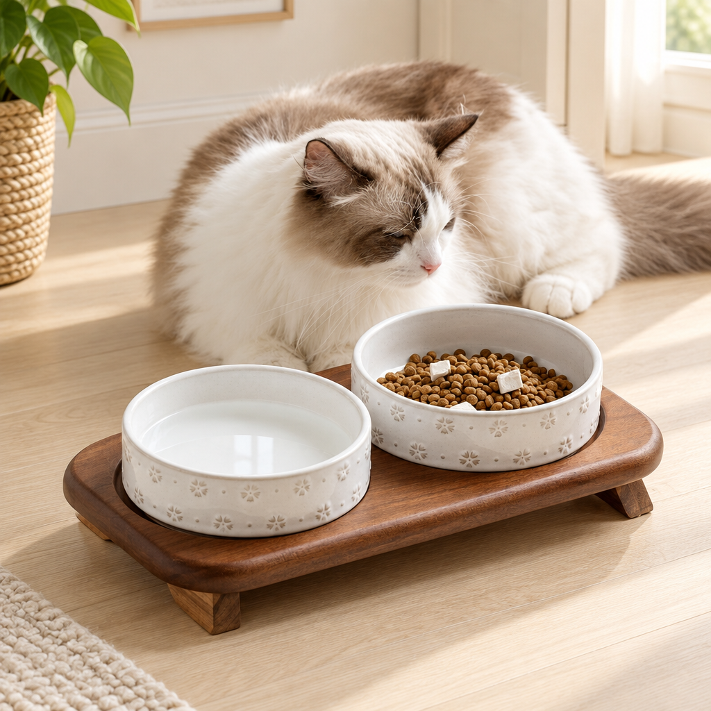 Ragdoll beside floral feeder