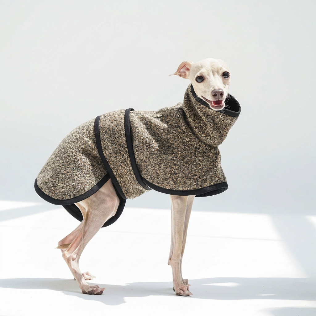 Side view of a white dog in the brown-taupe Metropolitan coat with textured fabric, high collar, black binding and wraparound body coverage.